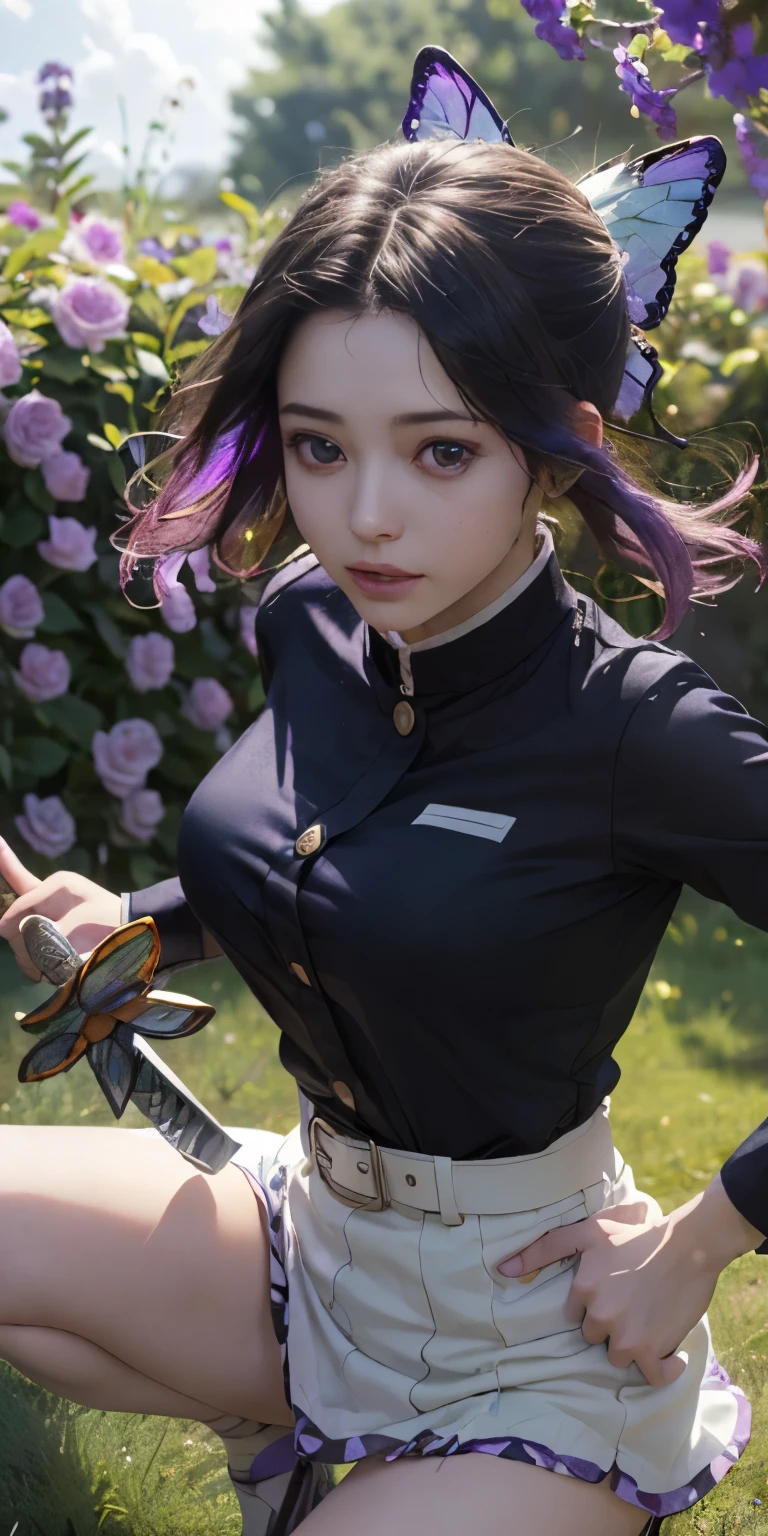 Ultra-realistic 8k CG, masterpiece,(mini skirtBare legs and white :1.4) close, (weapon in hand: 1.2), (attack: 1.2), beauty, goddess, (Bare legs and white pantiesrom the front, face sticking out, (super detailed background, delicate pattern, intricate details)), high quality, highly detailed face, (超mini skirtから見える白いパンティ生脚:1.4)、highly detailed eyes and face, highly detailed eyes, kocho shinobi, colorful hair, No bangs, hair intake, purple eyes, amount, black shirt, black pants (Haori, butterfly, but belt, (gar 1.2), purple flowers, Chibi, cloudy null, sunlight, Tyndall effect, exy、Slope_null, face, gorgeous null, Sword at the waist,Ultra-realistic 8k CG, masterpiece,(mini skirt:1.4) close, (weapon in hand: 1.2), (attack: 1.2), beauty, goddess, from the front, face sticking out, (super detailed background, delicate pattern, intricate details)), high quality, highly detailed face, highly detailed eyes and face, highly detailed eyes, kocho shinobi, colorful hair, No bangs, hair intake, purple eyes, amount, black shirt, black pants (Haori, butterfly, button, belgarden: 1.2urple flowers, Chibi, cloudy null, sunlight, Tyndall effect, Slope_null, face, gorgeous null, Sword at the waist,