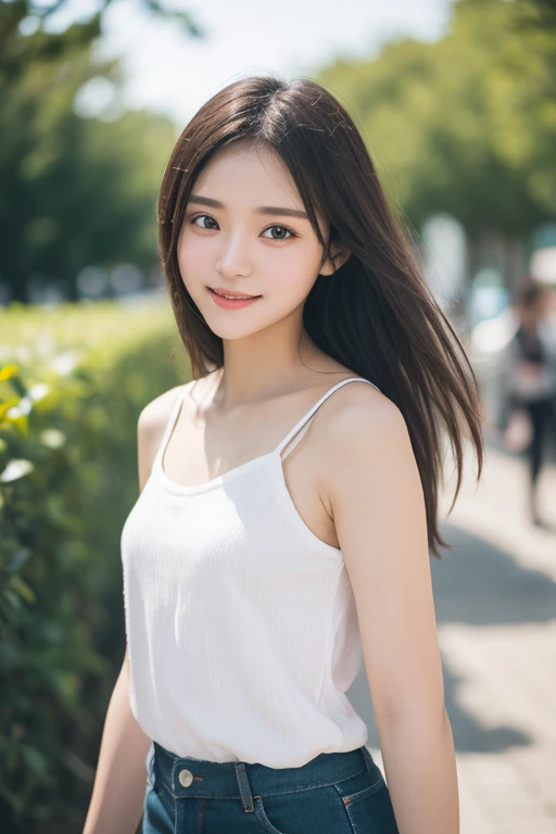 whole body 1.4, highest quality, 8K, 15 year old student, teen, Raw photo, award-winning portraits, smile, smile, alone,Are standing,white camisole,mini skirt, noon,In town,idol face, violaces, gardenia, delicate girl, whole body 1.4, Digital single-lens reflex camera, looking at the viewer, Frank, Sophisticated, Zola々right, thin arms, professional lighting, film grain, chromatic aberration, (Eye and face details:1.0), (Bokeh:1.1)