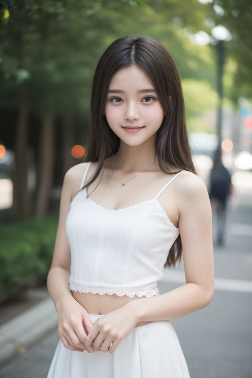  (masterpiece, top quality, best quality,1girls,Korean, beautiful face, smile, long hair, 19 years old, Tank top, shorts, White shoes, hills, full body view, sunset， Bangs to eyebrows、Beautiful brown hair、Beautiful and delicate eyes、Brown eyes、Raise an eyebrow、High Nose、Small nostril、Little mouth、Tempting lips、Mouth slightly open、Beautiful breasts、Full body、Oval face, Both eyes, Both eyes皮, Long eyebrows, Long eyelashes, A faint smile, 