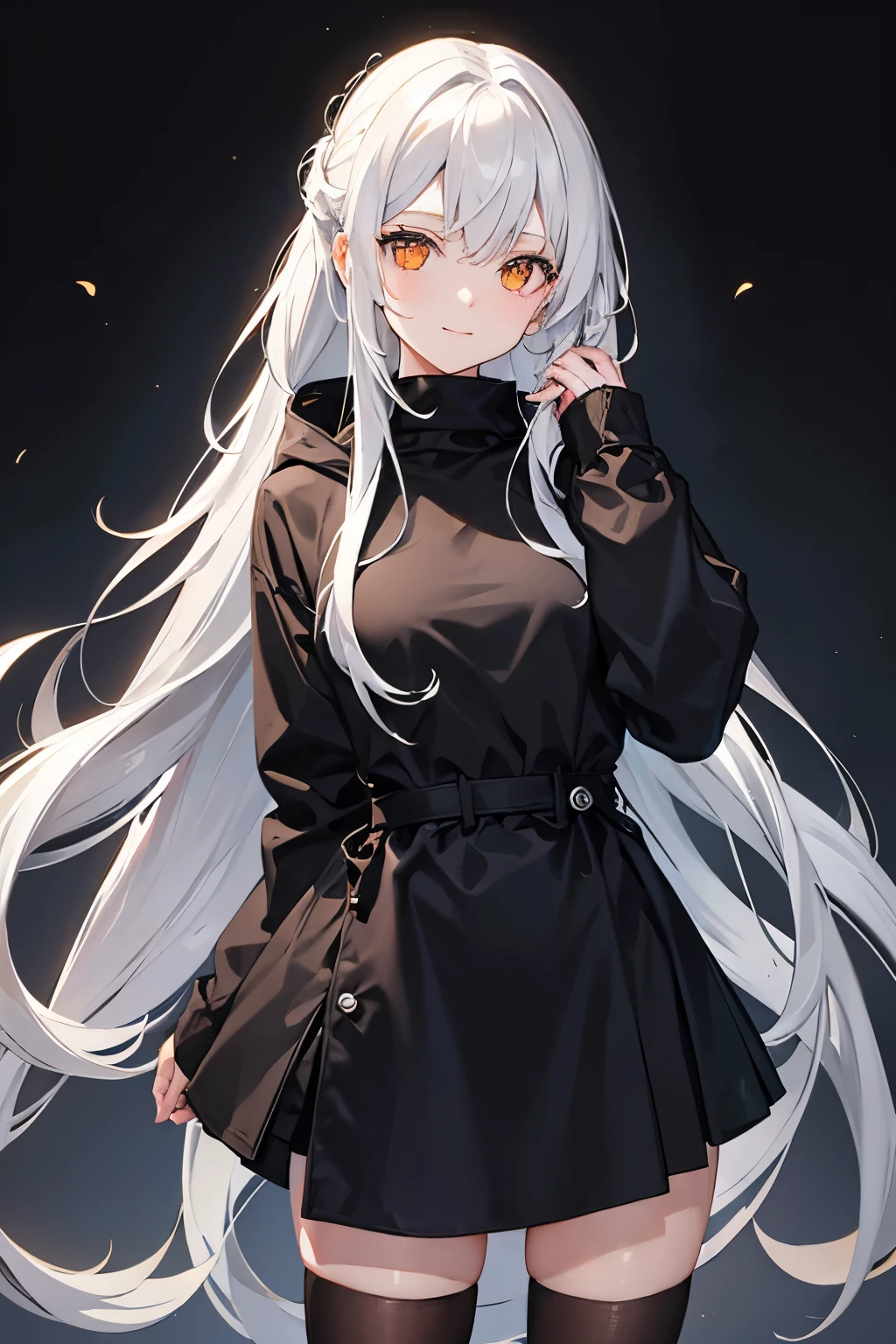 golden eyes, Long silver hair, Clothing is black with a plain hoodie, Do not wear a hood, About 26 years old, beautiful woman, slanted eyes, face up, simple background, ambient light, background light, tyndall light, smiling expression, Hair style is ponytail