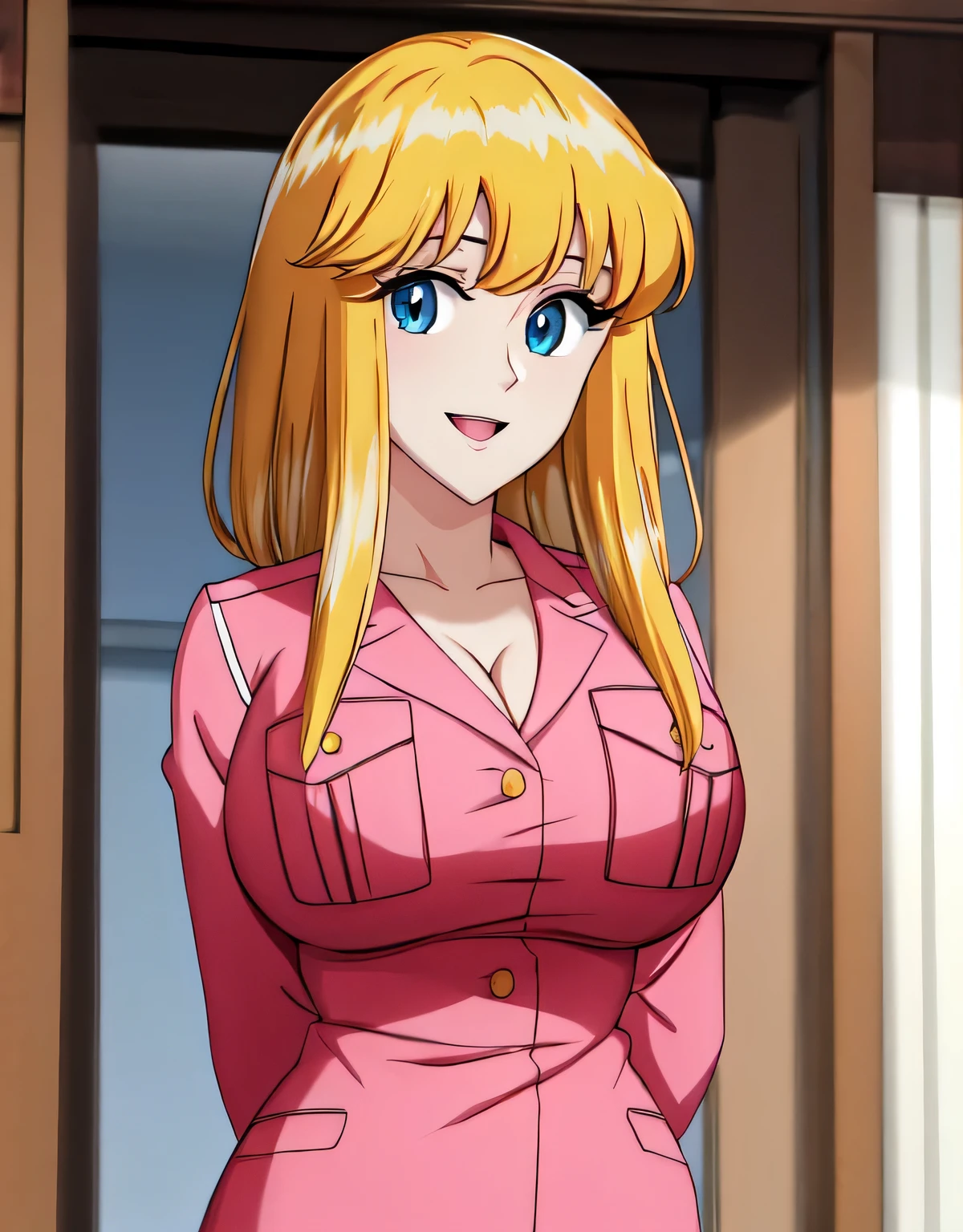 Reiko Nakagawa,blonde hair,((pink police uniform)),(blue eyes:1.2),skirt and jacket,(large breasts:1.5),shiny,hair,((solo)),((masterpiece)),((best quality)),perfect anatomy,slim waist,perfect image,8k UHD,(beautiful detailed eyes:1.5),extremely detailed face,standing,(upper body:1.1),(look at the front:1.1),arms behindback,ultra-detailed,absurdres,highres,(shiny hair),indoor hall,((sensitive smile)),