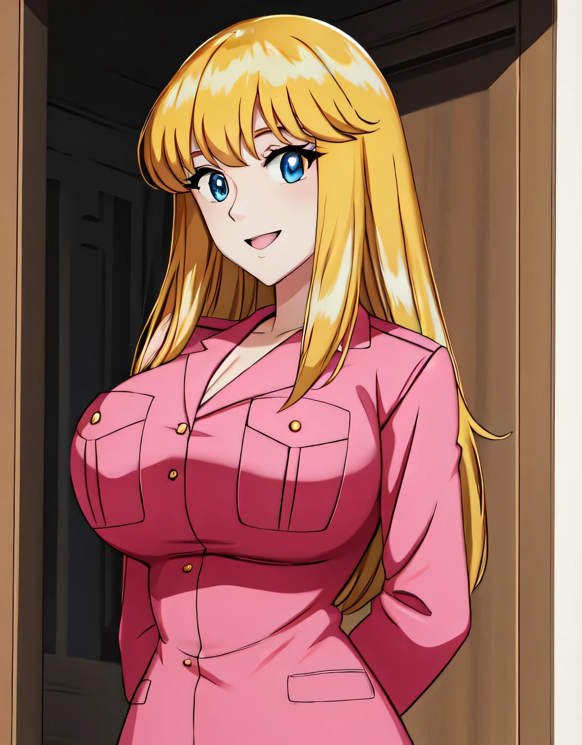 Reiko Nakagawa,blonde hair,((pink police uniform)),(blue eyes:1.2),skirt and jacket,(large breasts:1.5),shiny,hair,((solo)),((masterpiece)),((best quality)),perfect anatomy,slim waist,perfect image,8k UHD,(beautiful detailed eyes:1.5),extremely detailed face,standing,(upper body:1.1),(look at the front:1.1),arms behindback,ultra-detailed,absurdres,highres,(shiny hair),indoor hall,((sensitive smile)),