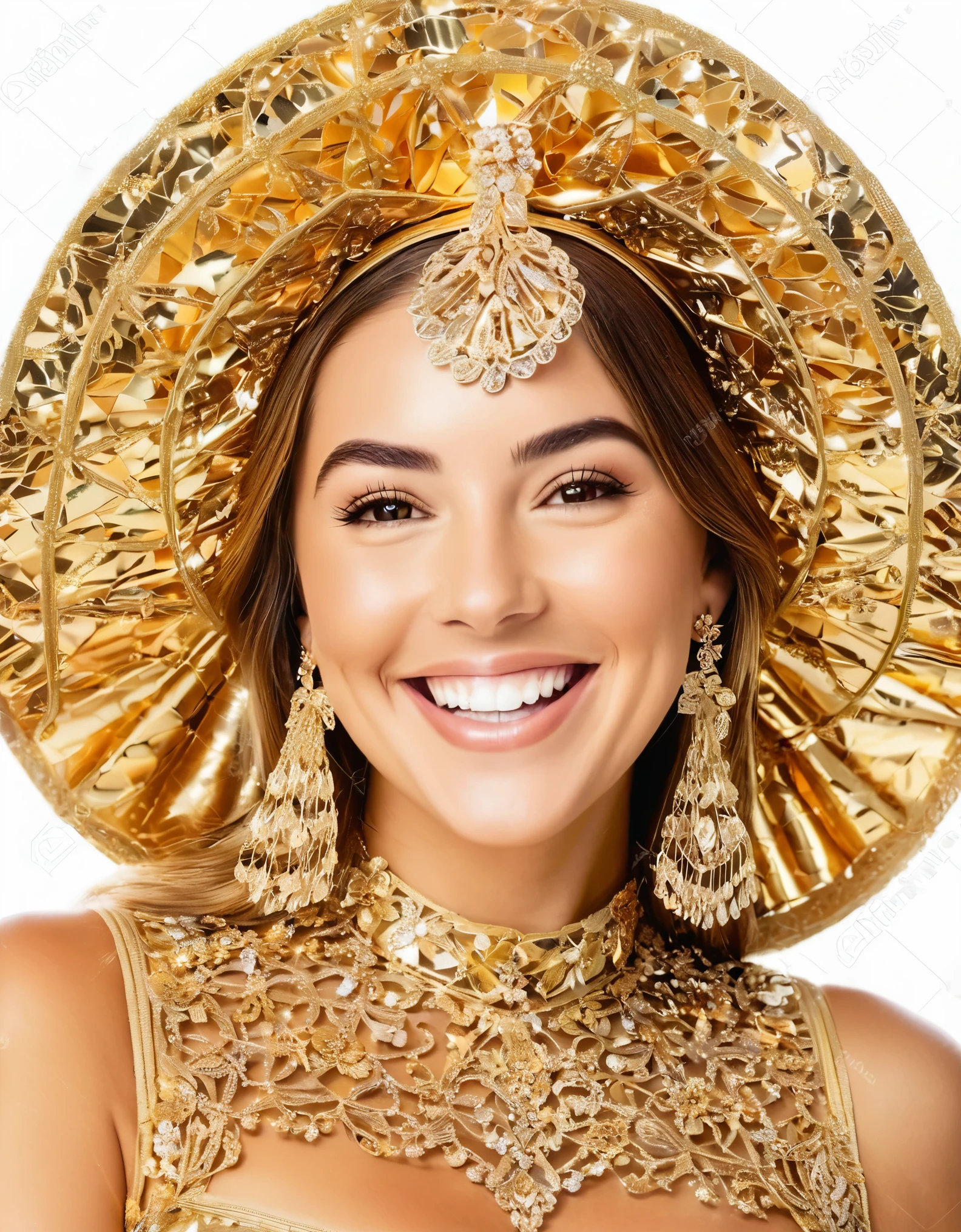 Uma mulher glamorosa com um sorriso travesso e um toque de brilho nas bochechas, cercado por desenhos ornamentados de filigrana dourada e detalhes fractais.