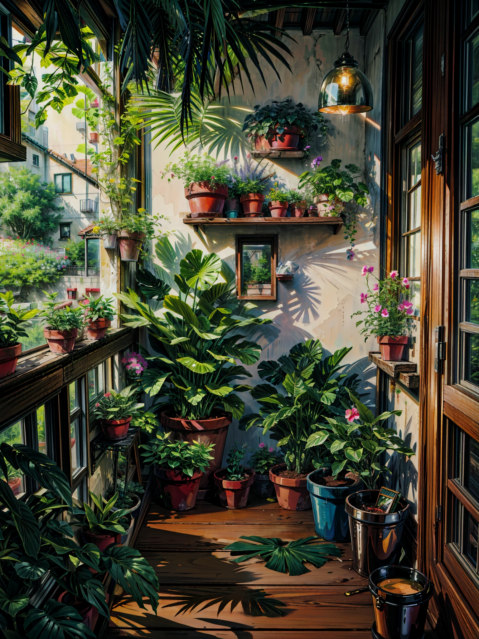 Painting of a porch filled with lots of potted plants, plants on balconies, realistic garden, beautiful 3 d rendering, beautiful terrace, with colorful flowers and plants, house plants, beautiful detailed scene, floral environment, potted plants, green terrace, window sill with plants, lush plants and flowers, room full of plants, natural mini gardens, with flowers and plants, beautiful plants, 4k hd,, beautiful art uhd 4 k, a beautiful artwork illustration, beautiful digital painting, highly detailed digital painting, beautiful digital artwork, detailed painting 4 k, very detailed digital painting, rich picturesque colors, gorgeous digital painting