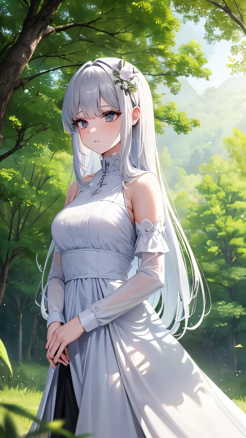 best quality, super fine, 16k, incredibly absurdres, extremely detailed, beautiful woman, white-silver straight hair, bangs, long white bushy eyelashes, slender, tight long black dress with lace, black eyes, located on top of a lush green hill, fantastic and mysterious, sunlight shining through, iridescent fluffy pastel color image style