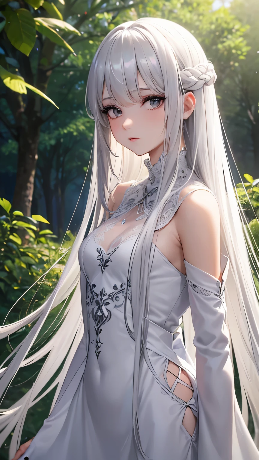 best quality, super fine, 16k, incredibly absurdres, extremely detailed, beautiful woman, white-silver straight hair, bangs, long white bushy eyelashes, slender, tight long black dress with lace, black eyes, located on top of a lush green hill, fantastic and mysterious, sunlight shining through, iridescent fluffy pastel color image style