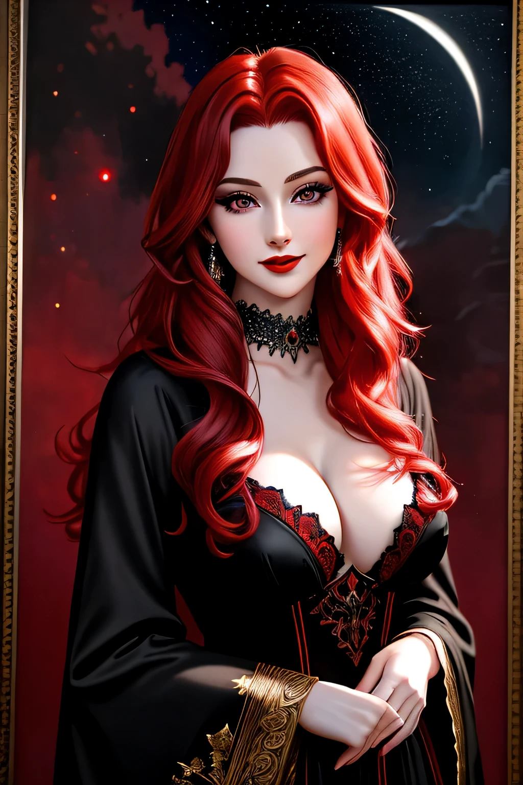 (Masterpiece, Best Quality:1.3), absurdres, (8k resolution), illustration, ((outline, thick lineart)), (faux traditional media:1.3), looking at viewer,(masterpiece,best quality),HDR,high-definition,[[Intricate Details]],cinematic,photorealisticportrait shot, ((vivid red hair)), mature woman, 30 years old, diamond face, moonlight, red starry sky background, depth of field, magic, big red lips, ((dark black eyes)) red long and full dress, covered chest, mystical atmosphere, smile expression, posing, taut and well defined body, attractive. Highly realistic, pale skin, beautiful, hyperrealism, skin very elaborated, direct gaze
