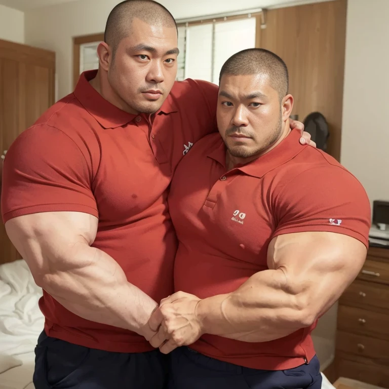 (hugging each other:1.2), (polo shirt:1.2), (at bed room:1.2), Japanese man, manly face, (round face:1.2), (monolid eyes:1.2), (crew cut:1.2), very large and strong body, bulky body, beefy muscles, (bulging muscles:1.2), (very large pectoral muscles:1.2), (muscular arms:1.2), muscular abs, muscular legs, muscular back, bright oily skin, (realistic:1.2), distant view