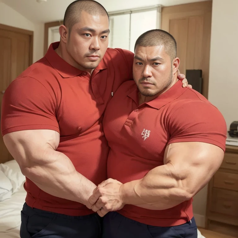 (hugging each other:1.2), (polo shirt:1.2), (at bed room:1.2), Japanese man, manly face, (round face:1.2), (monolid eyes:1.2), (crew cut:1.2), very large and strong body, bulky body, beefy muscles, (bulging muscles:1.2), (very large pectoral muscles:1.2), (muscular arms:1.2), muscular abs, muscular legs, muscular back, bright oily skin, (realistic:1.2), distant view