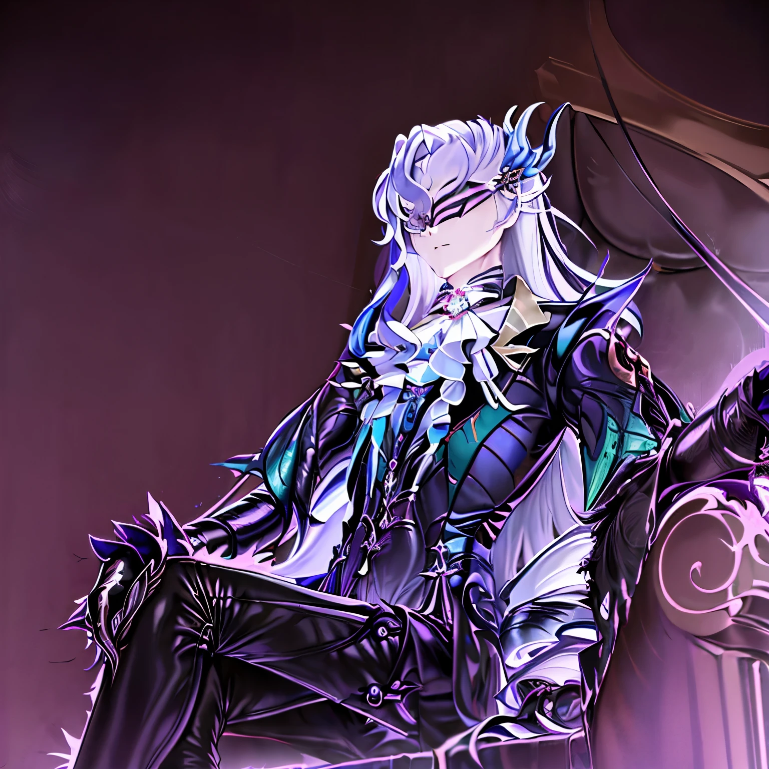 masterpiece, best quality, Neuvillette, ((1boy,Solo)),long hair,grey hair,multicolored hair,feather hair ornament, purple eyes, jewelry,ascot,long sleeves, shirt,gloves, black pants,beautiful combat Bodysuit (( Neuvillette Corrupted by Darkness)),(dark_persona_lora),visor,:1.5