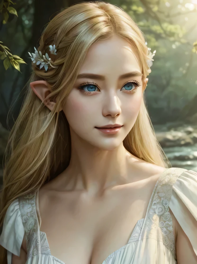 ((masterpiece、highest quality、Super fine、High resolution、photorealistic、sharp focus、cinematic lighting))、((1 female、bust shot))、high contrast、Portrait of a beautiful female elf、tall、skinny、bright blonde hair、intricate and beautiful design、Highly detailed beautiful face、triangular face、blue eyes、Beautiful, well-proportioned ears、smile、Resting by the river、forest、flow of leaves、strong wind、Forest Sun、epic fantasy art、Very CG-like detail、Classy white dress、view audience、Detailed hand depiction