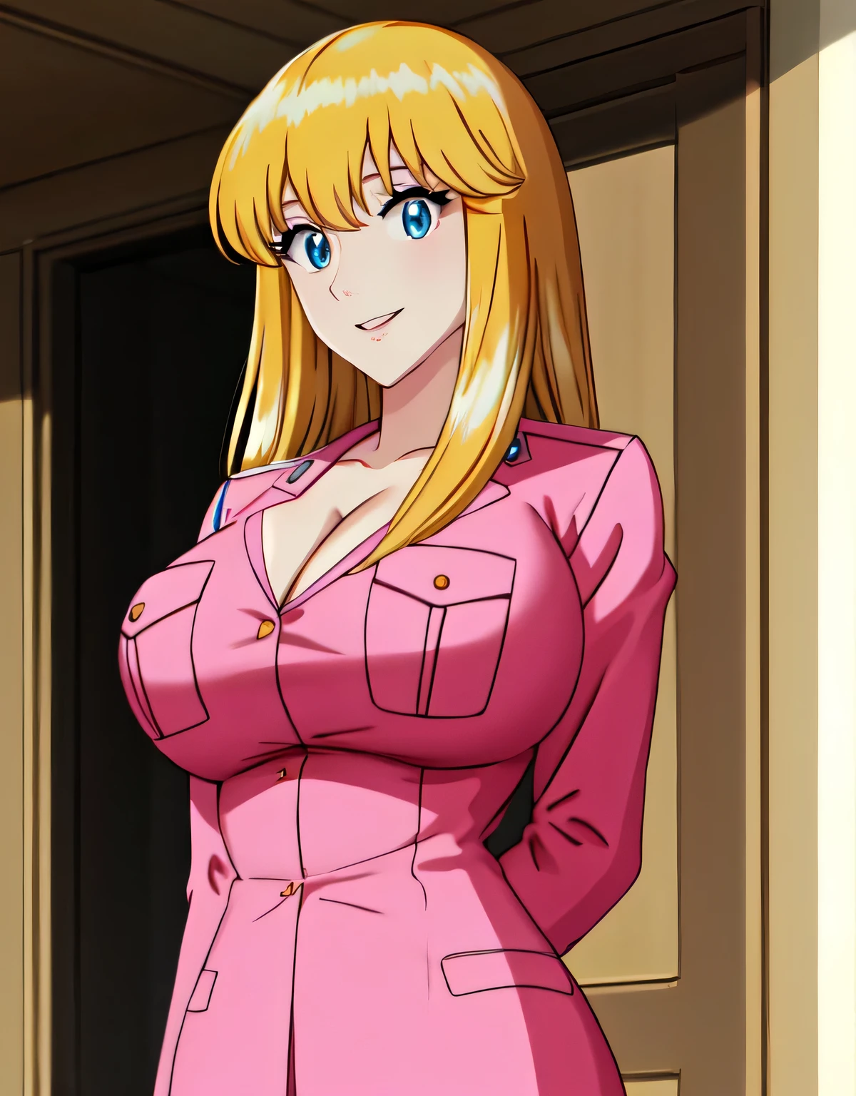 Reiko Nakagawa,blonde hair,((pink police uniform)),(blue eyes:1.2),skirt and jacket,(large breasts:1.5),shiny,hair,((solo)),((masterpiece)),((best quality)),perfect anatomy,slim waist,perfect image,8k UHD,(beautiful detailed eyes:1.5),extremely detailed face,standing,(upper body:1.1),(look at the front:1.1),arms behindback,ultra-detailed,absurdres,highres,(shiny hair),indoor hall,((sensitive smile)),(cleavage),