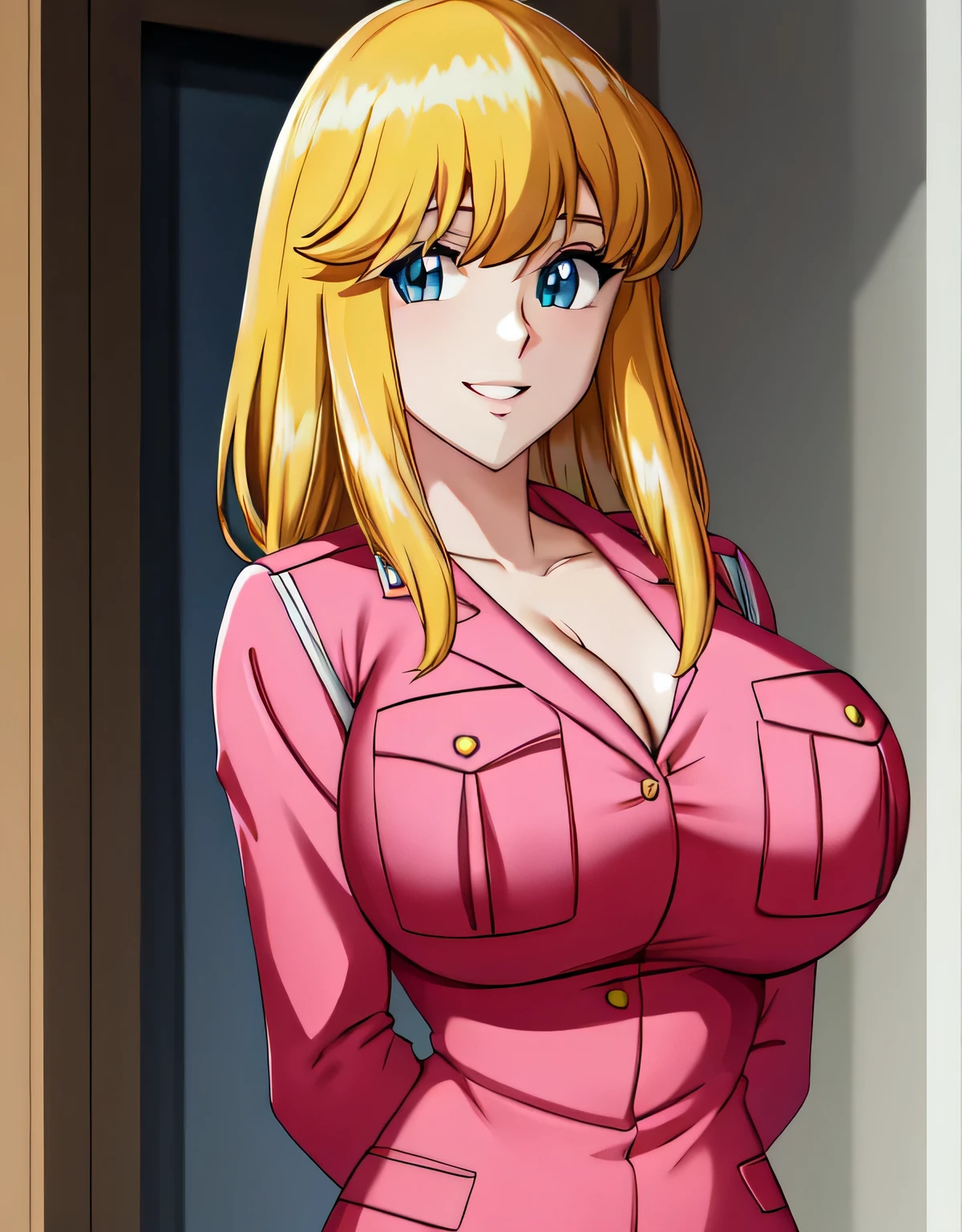 Reiko Nakagawa,blonde hair,((pink police uniform)),(blue eyes:1.2),skirt and jacket,(large breasts:1.5),shiny,hair,((solo)),((masterpiece)),((best quality)),perfect anatomy,slim waist,perfect image,8k UHD,(beautiful detailed eyes:1.5),extremely detailed face,standing,(upper body:1.1),(look at the front:1.1),arms behindback,ultra-detailed,absurdres,highres,(shiny hair),indoor hall,((sensitive smile)),(cleavage),