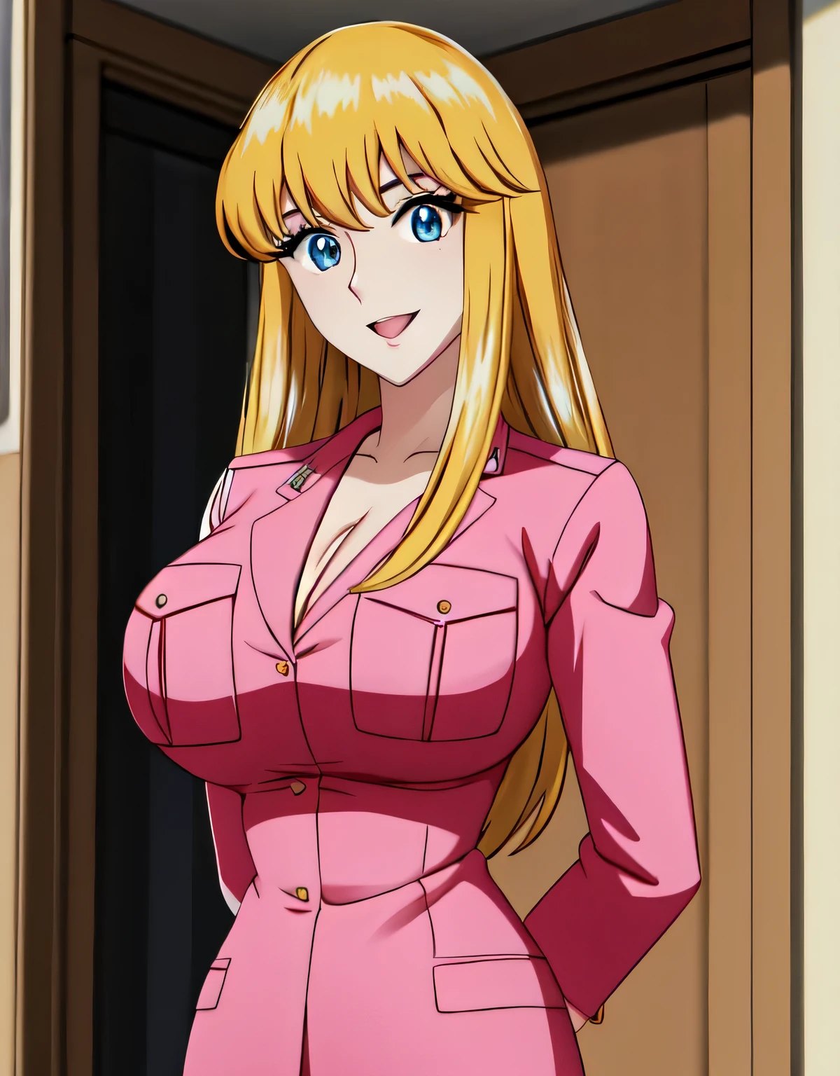 Reiko Nakagawa,blonde hair,((pink police uniform)),(blue eyes:1.2),skirt and jacket,(large breasts:1.5),shiny,hair,((solo)),((masterpiece)),((best quality)),perfect anatomy,slim waist,perfect image,8k UHD,(beautiful detailed eyes:1.5),extremely detailed face,standing,(upper body:1.1),(look at the front:1.1),arms behindback,ultra-detailed,absurdres,highres,(shiny hair),indoor hall,((sensitive smile)),(cleavage),