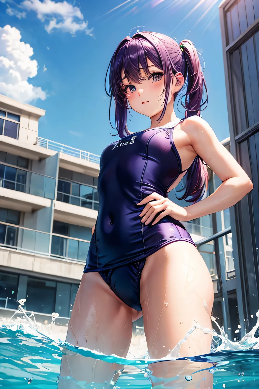 (((school swimwear)))、Beauty、Purple hair upstyle、((whole body))、(((photo taken from below)))、pool