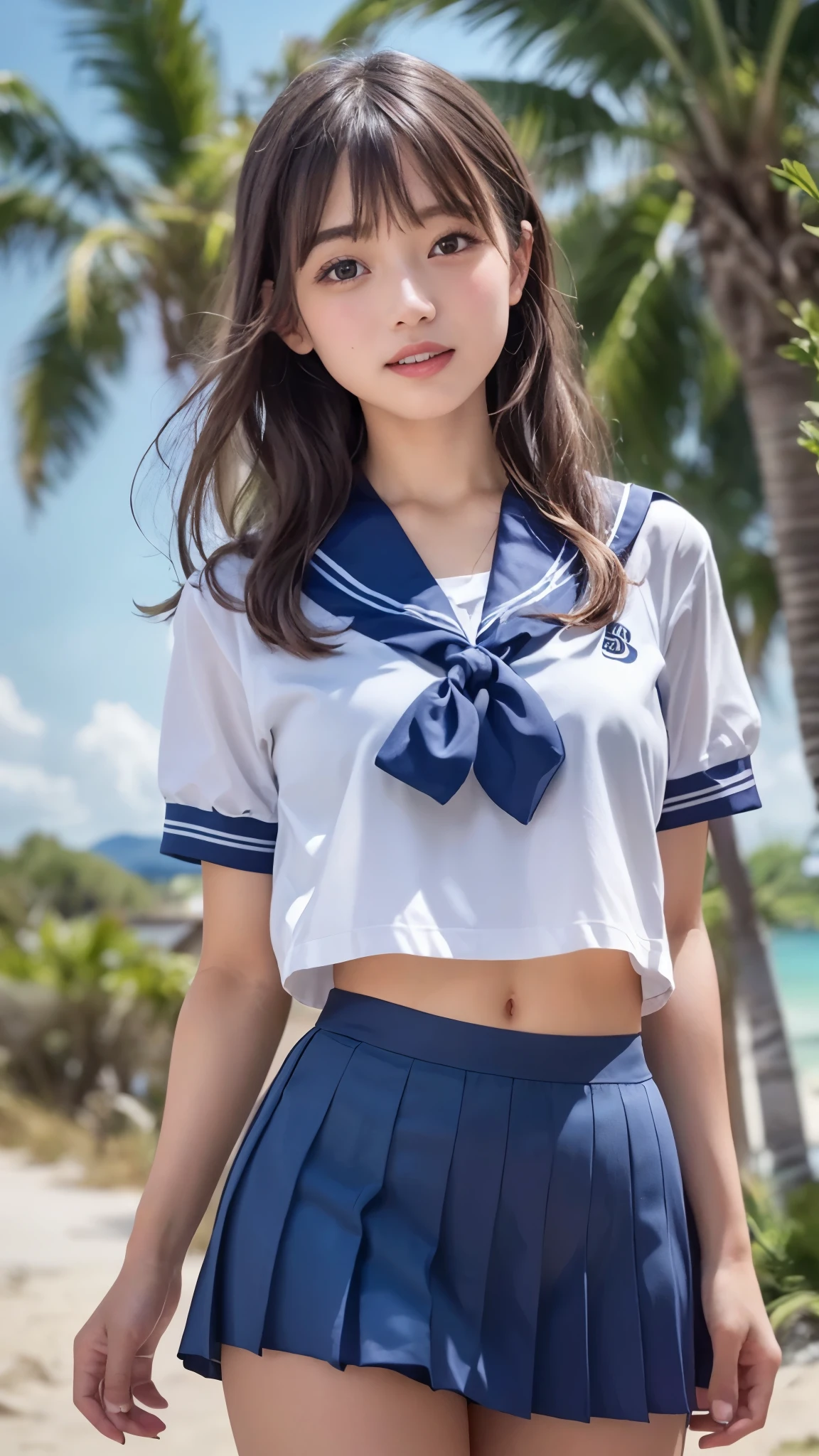 (best quality, 8k, 32k, masterpiece, UHD:1.2), (RAW photo), (realistic), (photorealistic:1.2), (high resolution), huge filesize, ultra-detailed, extremely beautiful face & eyes, 1girl, japanese elementary school student,, 13yoyo, rosmall face, baby face, thin waist, beautiful belly skin, large breasts, slim proportions, perfect thin thighs, small butt, (darkblue pleated mini skirt, japanese sailor, sailor fuku, serafuku, japanese school sailor suit, sailor red neckerchief), nice hands, perfect hands, accurate hand depiction, sweaty, shy smile, pure white teeth, from below, (blue sky, summer, sun, beach, palm tree, outdoors),