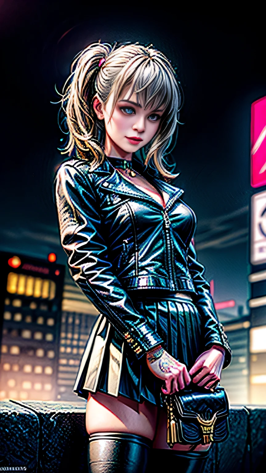 highest quality, realistic, realistic, award-winning illustrations, (intricate details: 1.2), (delicate details), (intricate details), (cinematic light, highest qualityのバックライト), clear line, sharp focus, official art, unity 8k wallpaper, absurd, incredibly absurd, Large archive files, Ultra- (in_main visual_street: 1.21), (neon lamp), fantasy art, nffsw, ((Close-up photos of the award-winning Studio Triangle)), 1 girl, incredibly beautiful, (Perfect smiling mouth), small breasts,((cyberpunk cityscape, Valkyrie,knife, robot arm)),Precise in beautiful eyes,perfect face,(cyberpunk blouse, leather jacket, Martin Boots),(perfect hands and fingers),(pleated skirt)), ((Supermodel Bag)), close up of face,