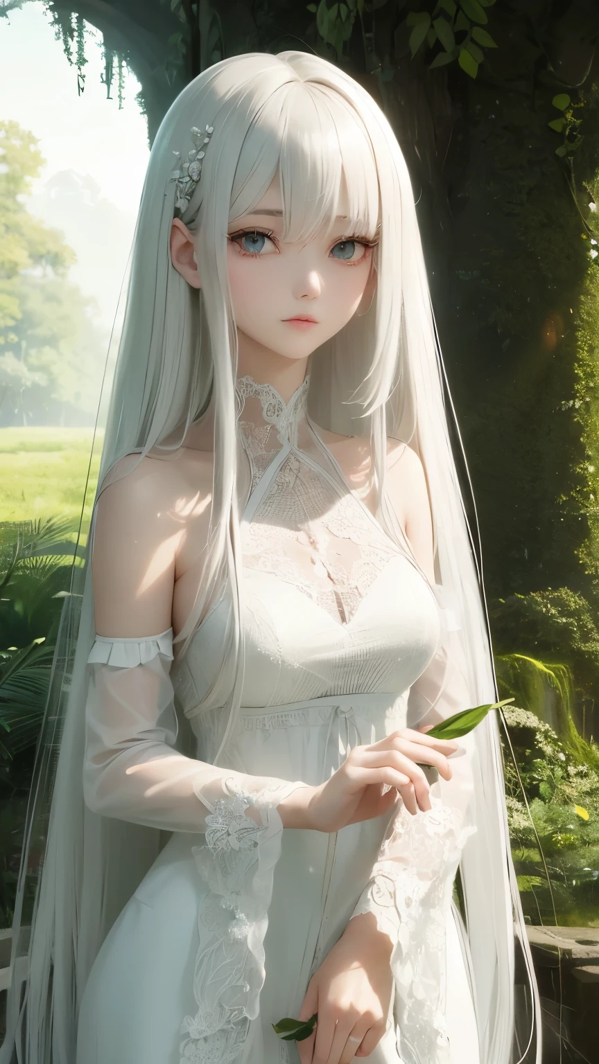 1girl, white flower, lily (flower), white rose, earrings, solo, long hair, hair ornament, jewelry, bouquet, rose, wedding dress, hair flower, looking at viewer,blurry, lips