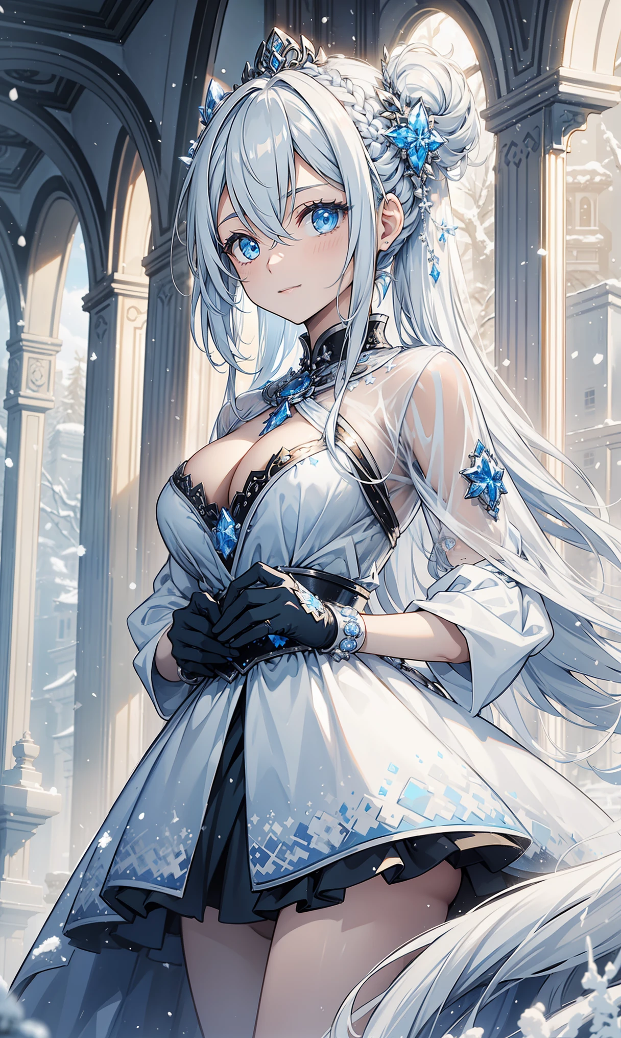 masterpiece, Very detailed, Super detailed, cold, alone, (1 girl), (pale skin), ice blue eyes, Frosty white hair, Cool Chara, flat face, young woman, Ms. Chala, Moderate , arrogant, confident, cold face, goddess, cool kudray girl, (Snowy background), snowflake, (frozen flowers:0.5), (Calm expression), (Ice Storm:1.1), (modern casual clothing), (snow covered ground), (Smile:0.7),