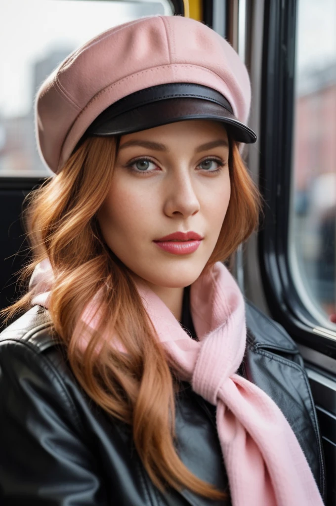 A close-up portrait of a gorgeous, beautiful, stunning russian woman wearing a classy outfit: a black belted leather trench coat, a sweater, and a pale pink newsboy cap, and pink scarf. A redhead woman from Russia, delicate red lips, pastel pink skin tone, soft flawless pale skin, soft make-up, red lipstick. Classy, elegant, stylish redhead woman, a majestic lady, dream beauty, ethereal beauty, delicate, sensitive, tender, lovely, romantic, kind, so femenine and strong, brave, determinated woman. Elegant look, flowing and glowing layered wavy ginger hair.She's making a photo book, posing for camera while she's tripping by tram by city, professional photograph, editorial photograph, portrait photo of a russian model.