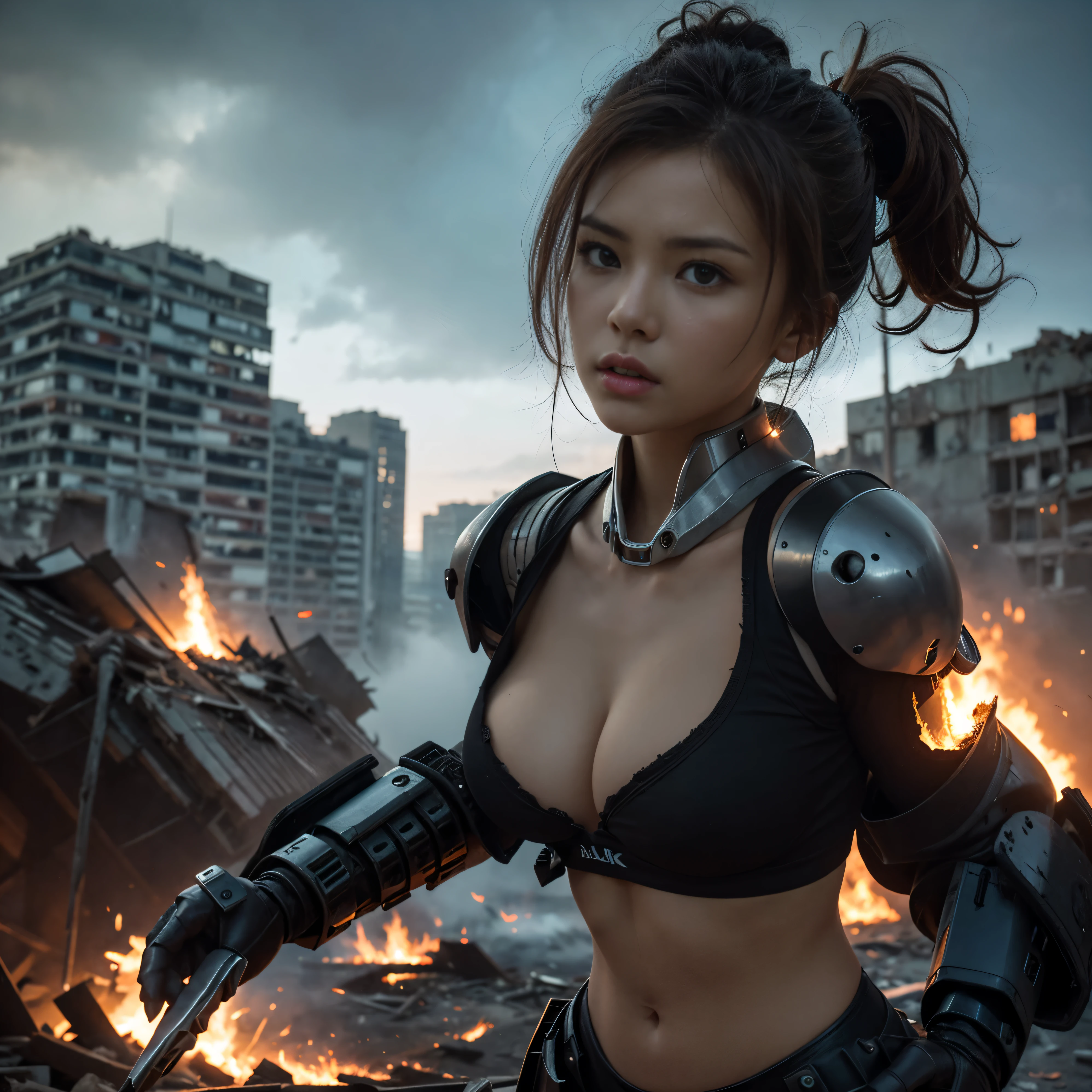 (highest quality、4K、High resolution、master piece: 1.2)、Super detailed、real: 1.37、Natural light、Portrait、surreal colors、futuristic style、Crumbling cityscape、Overgrown vegetation、Foggy atmosphere、Contrasting shadows、tattered clothes、A strong and confident gaze、Abandoned Objects、desolation、Destroyed building silhouette、vivid graffiti、Empowering pose、hair fluttering in the wind、Expressive facial features、unforgettable beauty、Dramatic sky、eerie clouds、intricate details、urban decline、post-apocalyptic setting、Ruins in nature 、Majestic Skyline、Desperate struggle、Creepy Presence、Thought of power、Enhanced Thought of power、intensity of emotions、Tense atmosphere、heroic attitude、intense action、Fearless Determination、Survival from all odds、Dangerous landscapes、Iconic battle、cinematic composition、epic showdown、A moment frozen in time、mysterious aura、fortitude、Women&#39;s Support、strong female protagonist、Fascinating story、Women's power、Fierce determination、Empowering Stories、Behind her is a huge(The invader&#39;s mech is on fire and about to collapse.:1.3)