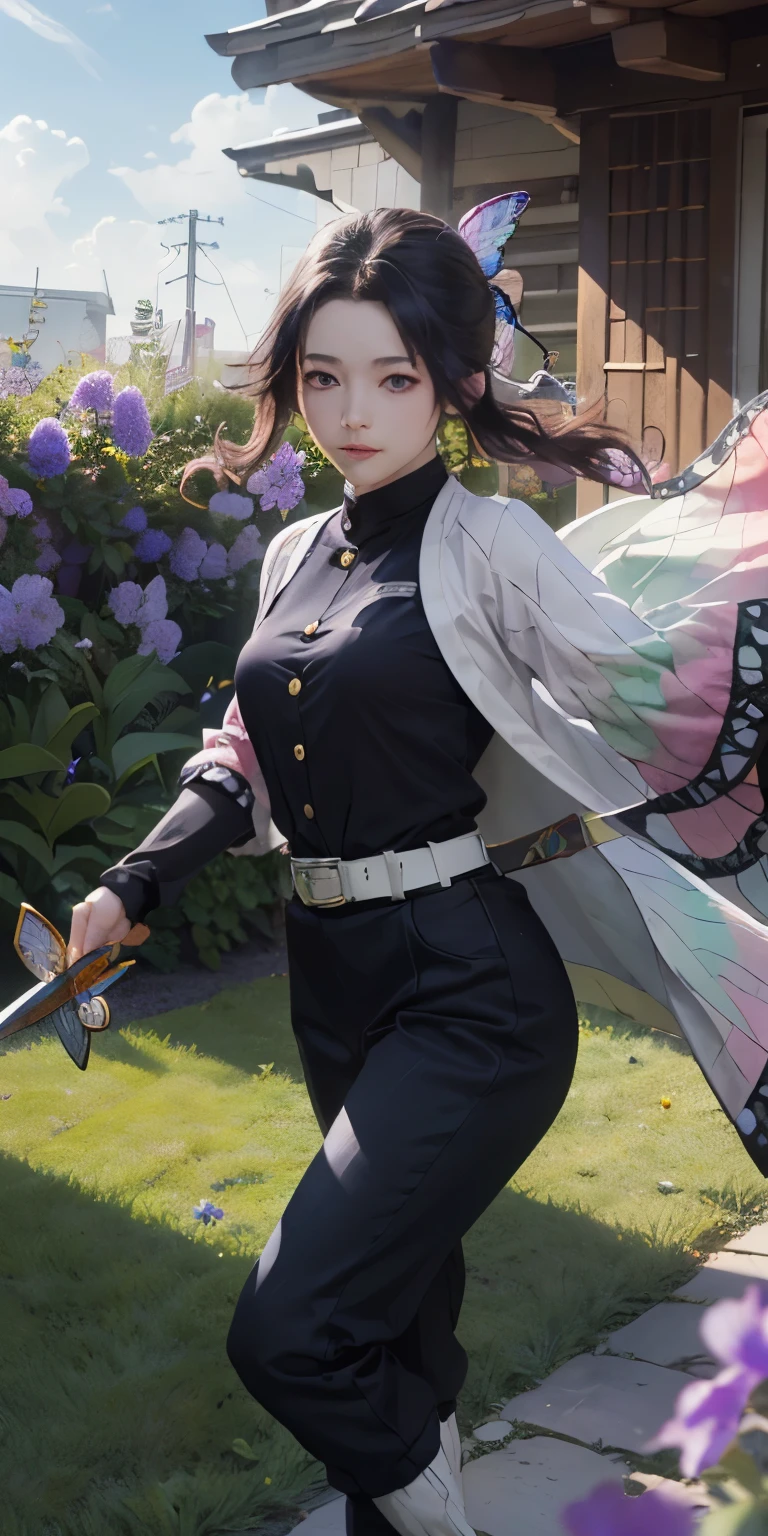 masterpiece, ultra detailed, background is temple, kochou shinobu, wearing demon slayer uniform