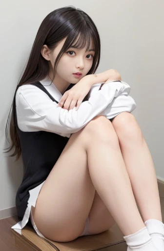 best quality, detailed, beautiful, insanely detailed, absurdres,perfect anatomy,
Japanese woman,black hair,27 years old,
(slender),
(small breasts best quality),(sit and hug your knees:1.4),(Wearing white panties),(Panties are visible)