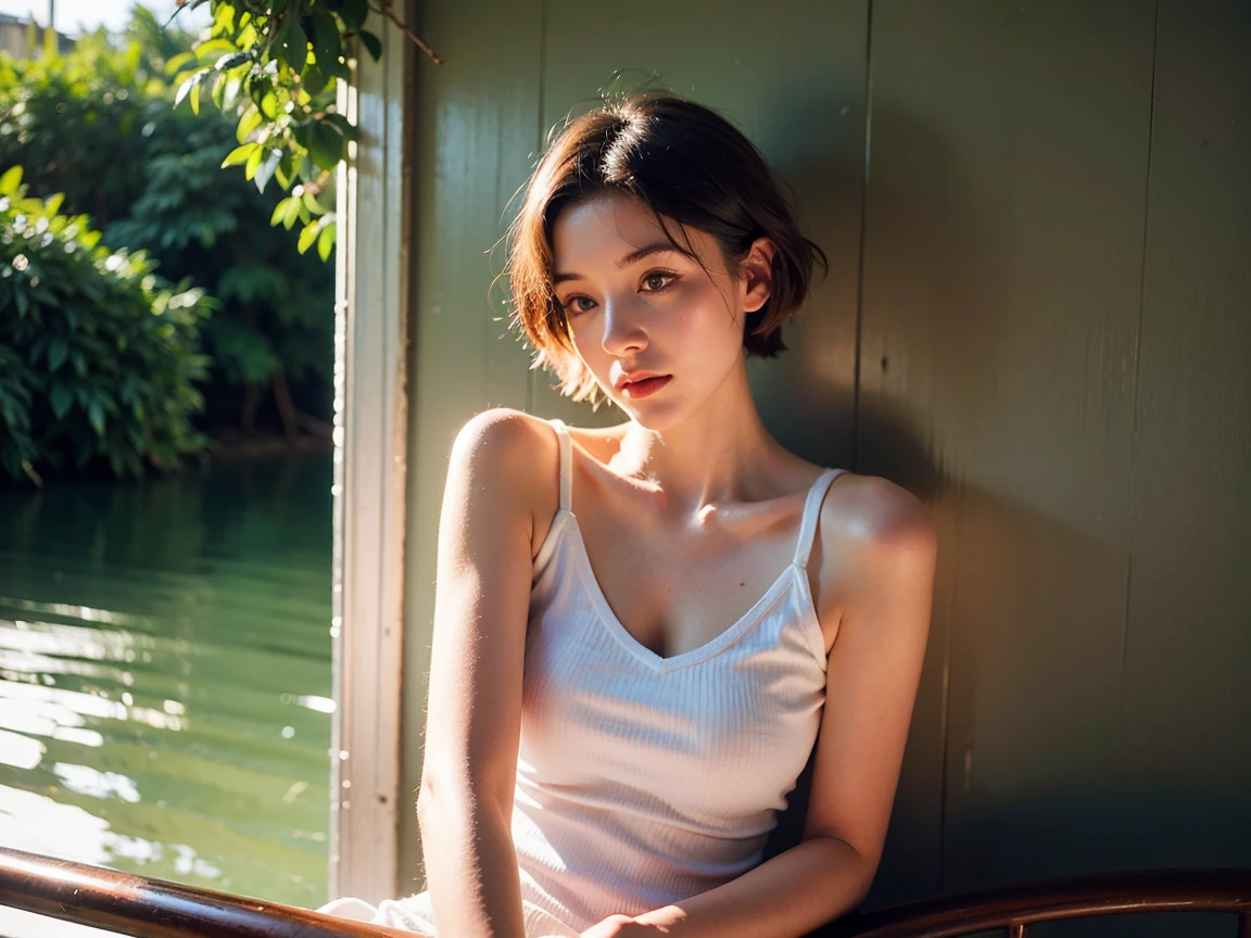Realistic Photography, Beautiful Young Female ,Short hair ,river, extremely delicate and beautiful},Outstanding light and shadow, highly detailed wallpaper,Clear and bright sunlight, taking a selfie