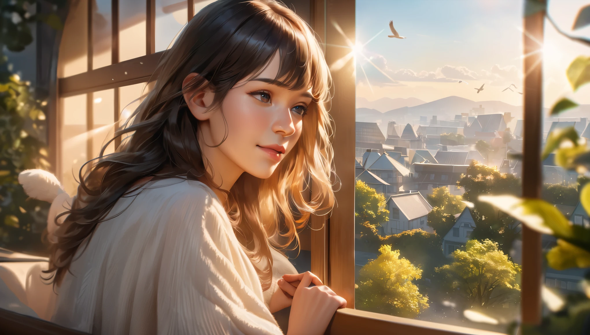 (best quality,4k,8k,highres,masterpiece:1.2),ultra-detailed,(realistic,photorealistic,photo-realistic:1.37),(a girl looking out of the window,peaceful atmosphere,outdoor scenery),detailed cityscape,tall buildings,green trees,dancing sunlight on the leaves,blurred background,soft breeze,happy facial expression,contentment with life,morning light,serene environment,vibrant colors,subtle shadows,gentle rays of sunshine,tranquil setting,quiet surroundings,clear blue sky,white fluffy clouds,fresh air,soft morning glow,serenity and calmness,beautiful nature,positive energy,quiet neighborhood,crisp and clear horizon,golden sunlight,serene ambiance,peaceful escape,tranquil moment in time,lively birds chirping,far in the distance,you can see the hustle and bustle of the city,creative and harmonious composition,open window to the world beyond,connection between the inside and outside,lively atmosphere,expressive eyes,playful expression in her eyes,curious mind exploring the world outside,contemplative mood,gentle touch of nature,feel the warm sunlight on your skin,sense of and adventure,blissful experience,moment of tranquility and serenity