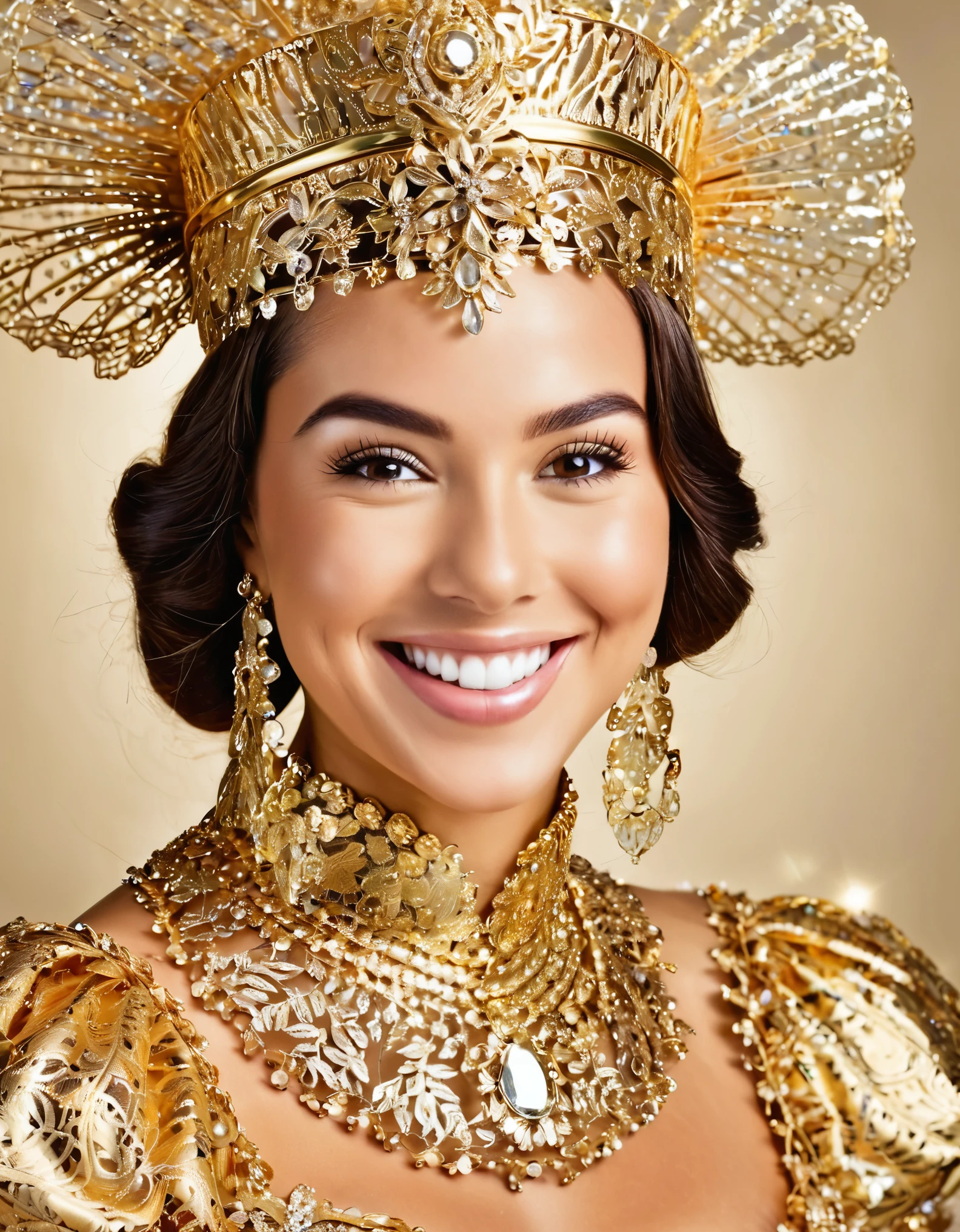 Uma mulher glamorosa com um sorriso travesso e um toque de brilho nas bochechas, cercado por desenhos ornamentados de filigrana dourada e detalhes fractais.