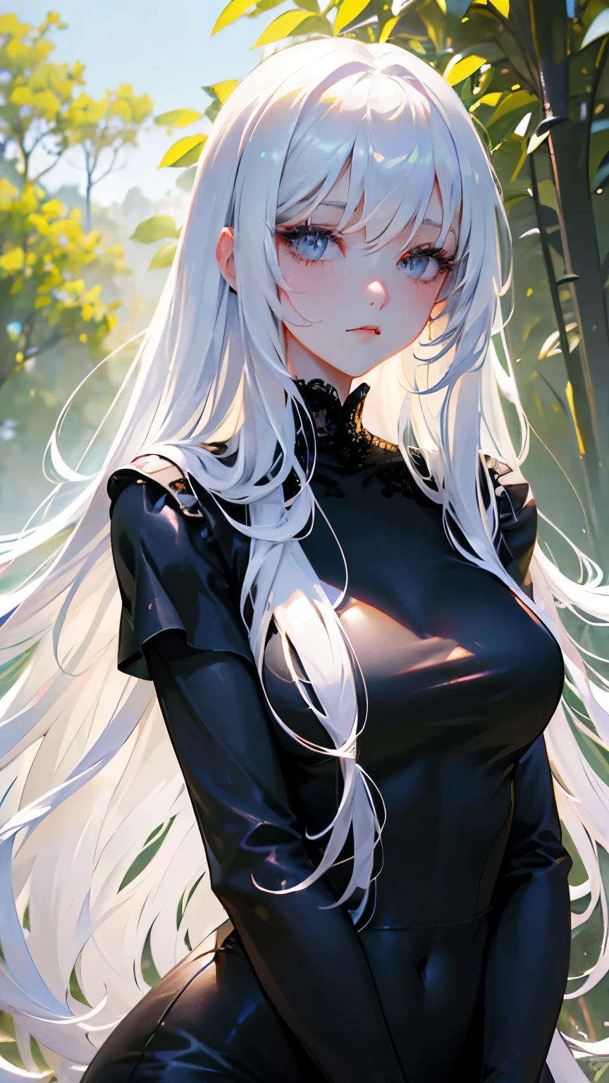best quality, super fine, 16k, incredibly absurdres, extremely detailed, beautiful woman, white-silver straight hair, bangs, long white bushy eyelashes, slender, tight long black dress with lace, black eyes, located on top of a lush green hill, fantastic and mysterious, sunlight shining through, iridescent fluffy pastel color image style
