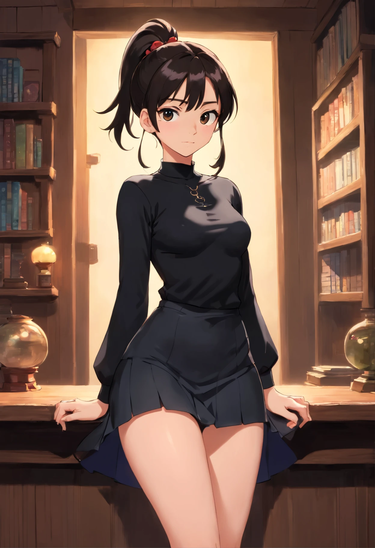 Girl ,wearing long sleeves (tight) black top (deep round shaped neck top ) and skirt, pony tail hair, seductive, black eyes, short boobies, looking at viewers, blushing, fair skin,full body view from front, seductive legs, wearing heels.