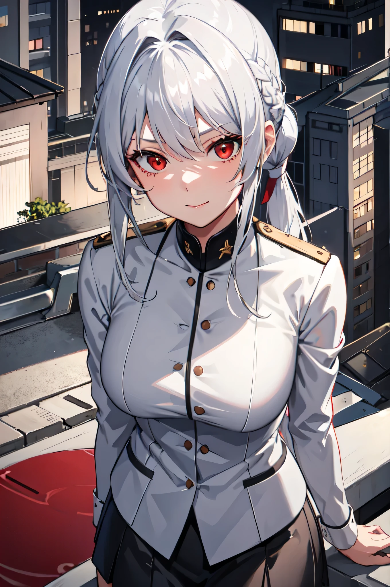 1girl,evening in rooftop school,using grey teacher suit,longhair,white hair,ponytail hair,red eyes, happines expression,look at camera