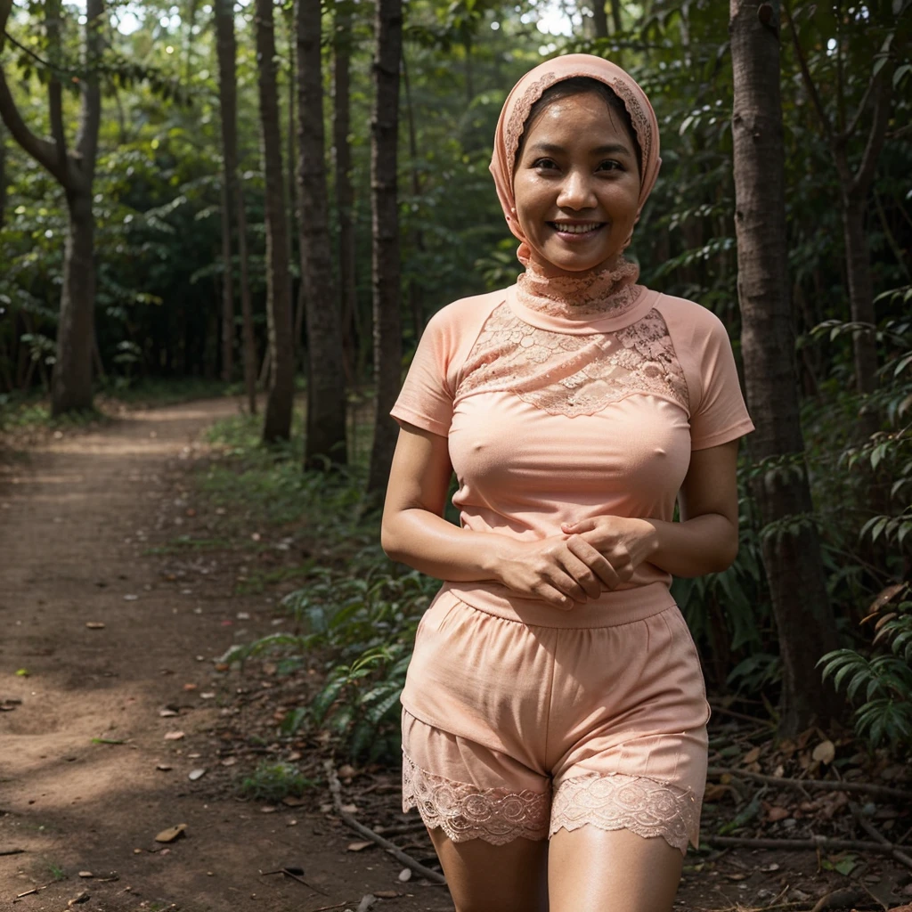 A 52 years old Indonesian woman in peach color hijab, wearing peach color lace tight t-shirt, wearing very short peach color lace shorts, villager, poor woman, darker skin, curvier body, short body, smiling and standing in a dark forest, look to the viewer with eye close
