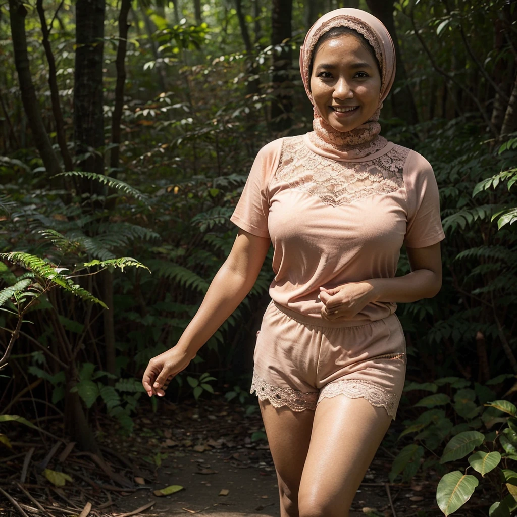 A 52 years old Indonesian woman in peach color hijab, wearing peach color lace tight t-shirt, wearing very short peach color lace shorts, villager, poor woman, darker skin, curvier body, short body, smiling and standing in a dark forest, look to the viewer with eye close