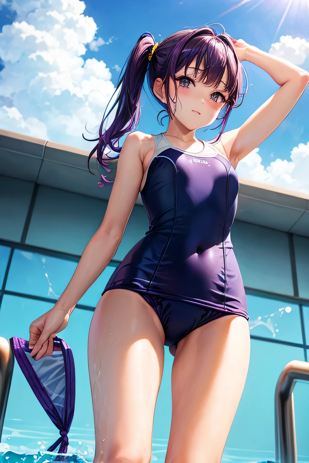 (((school swimwear)))、Beauty、Purple hair upstyle、((whole body))、(((photo taken from below)))、pool