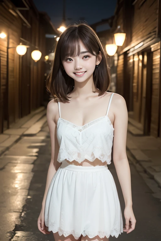 (((whole body 1.4))) ,highest quality, 8K, 15 year old student, teen, Raw photo, award-winning portraits, smile, smile, alone,Are standing,white camisole,mini skirt, noon,In town,idol face, violaces, gardenia, delicate girl, whole body 1.4, Digital single-lens reflex camera, looking at the viewer, Frank, Sophisticated, Zola々right, thin arms, professional lighting, film grain, chromatic aberration, (Eye and face details:1.0), (Bokeh:1.1)