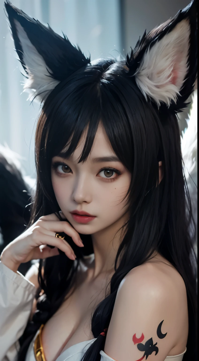 1 Girl, Fox, Fox \ (League of Legends), K/DA \ (League of Legends), Animal Ears, Face Markers, Fox Ears, Fox Tail, Orange Eyes, Multiple Tails