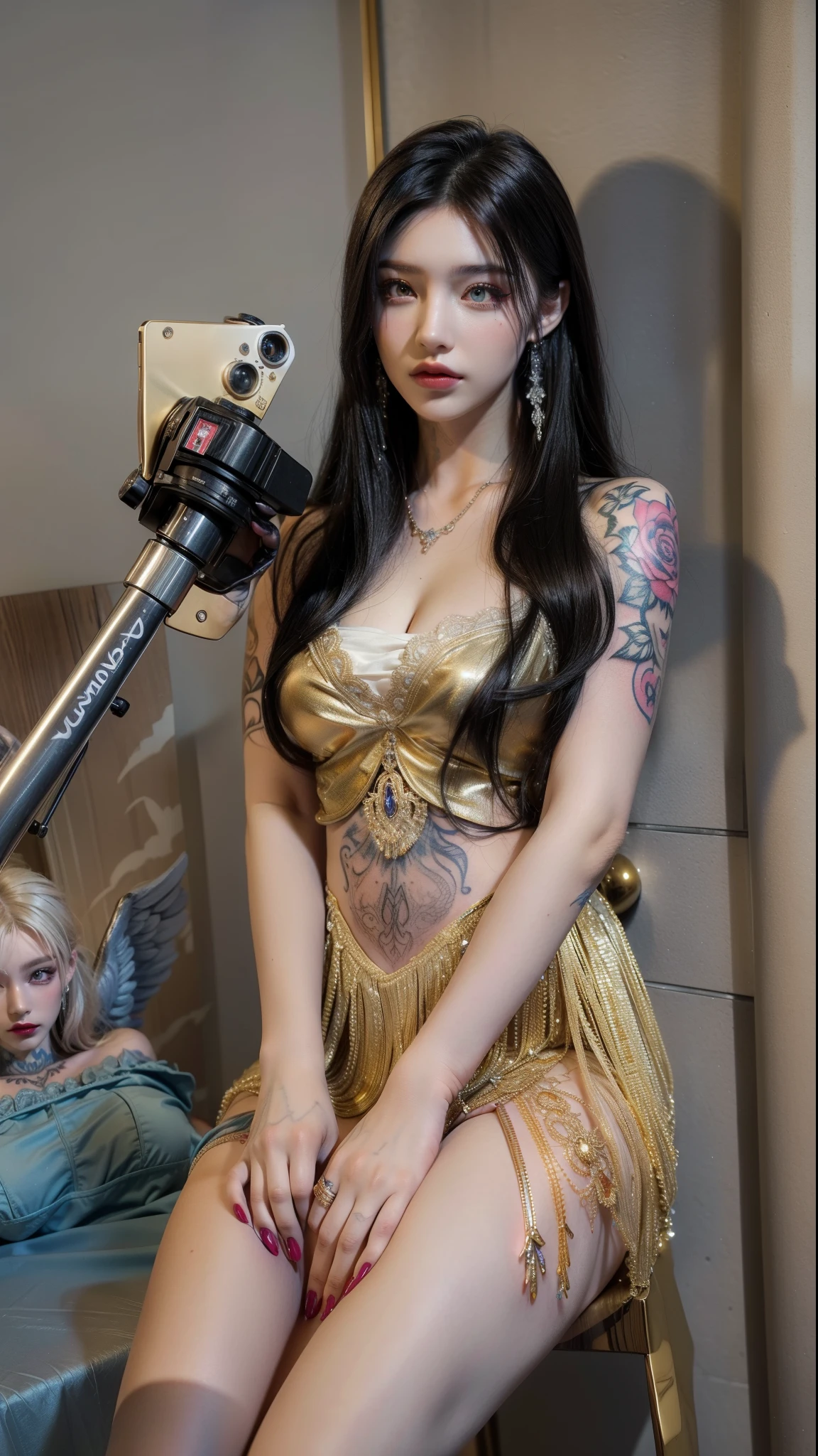 Royal sister，super detailed, Detailed face, movie stock photography , Portrait 400, F1 camera lens.6, colorful, surreal, Realistic texture, dramatic lighting, film alembic 800 (8K, original photo, better quality, masterpiece: 1.2), super detailed, (highly refined skin: 1.2), 8K Ultra HD, SLR camera, soft light, high quality.Frozen queen，Succubus，fallen angel，blue pupils，Apply red lipstick，luxury clothing，Gorgeous jewelry，black tattoo(whole body)，The tattoo is very three-dimensional，Gorgeous and intricate tattoo designs，arm tattoo，neat fingers，tattoo queen，Gold clothes，Fingers straightened，Five fingers neatly arranged，hands on legs，Fingers are normal