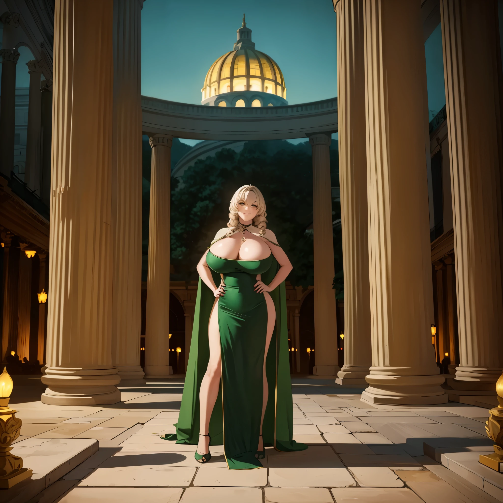 A woman wearing a sophisticated green dress, a classic Roman coliseum behind, pillars in the background, stone floor, at night, place lit with green and red lights, long beige hair, yellow eyes, smiling, a white fur cape, big breasts,HDR, very detailed, ultra resolution, masterpiece. 8k hd.