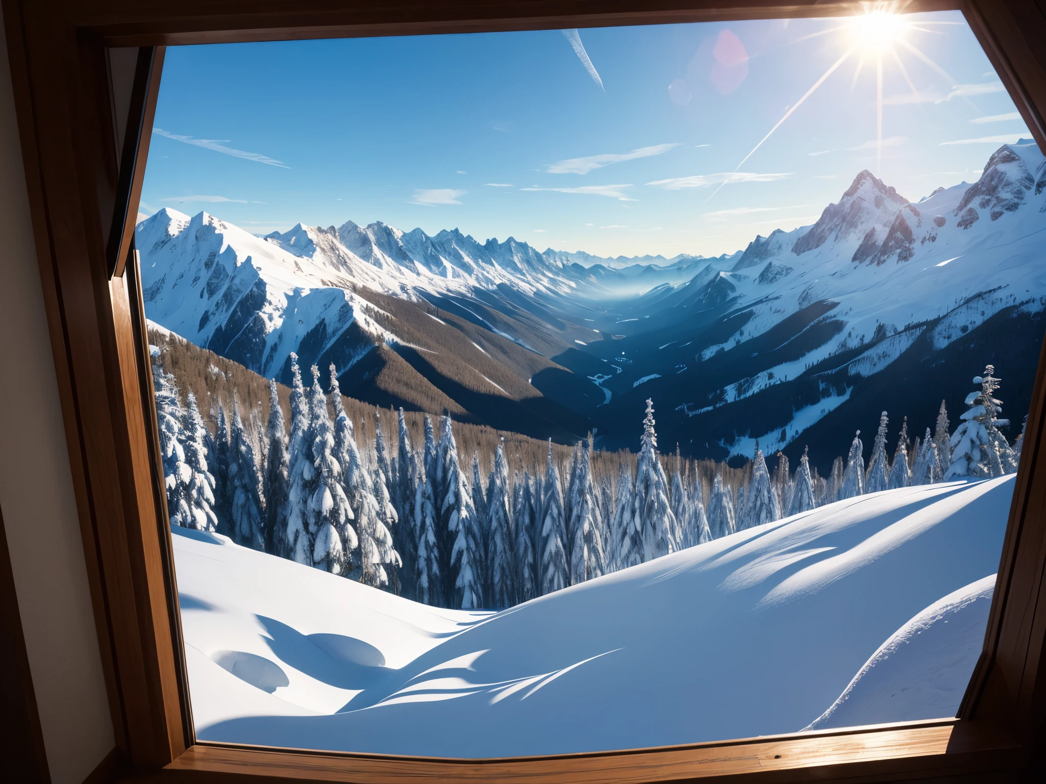 (masterpiece, best quality), best resolution, view through a window of a mountain ridge in winter