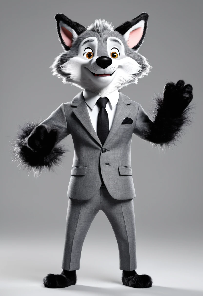 Fantoche de um lobo , ( Alta qualidade: 1.2), Animation, Fotografia RAW, Plano amplo, (Explanation hand sign ), Convite verbal, He moves his arms . He has gray and black fur and is wearing a suit. , ele acena e faz um convite .
