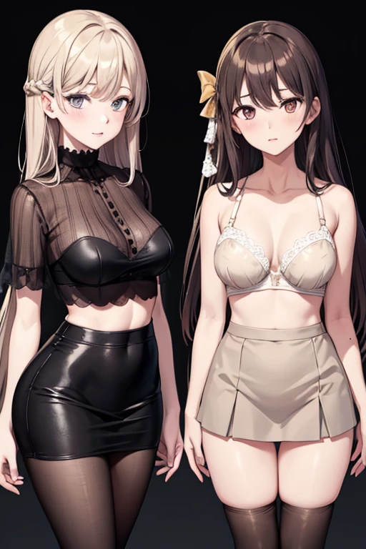 1 girl, blush, bra, breasts, brown hair, business casual, censored, character sheet, clitoris, completely naked, dark lips, double bangs, excessive pubic hair, female pubic hair, full body, half-closed eyes, ID card nude, nude, lace, long hair, looking at viewer, mature female, mole, mole under mouth, multiple views, pantyhose, pencil skirt, medium breasts, lace trim, lace trimmed bra, same character, pencil skirt, pubic hair ? sagging breasts, simple bottom, skirt, smile, underwear, only underwear, white background, wide hips