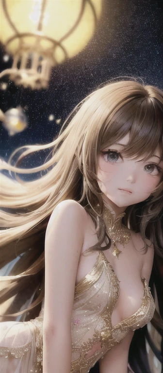 Layla (masterpiece), (highest quality), (super detailed),(messy hair),(figure), (1 girl), beautiful detailed eyes,delicate beautiful face,floating,(high color saturation),(colorful splashes),colorful bubble,(shining),focus on face, sitting inside a glass ball, g;It's a cage, golden star and lantern,gymnastics
