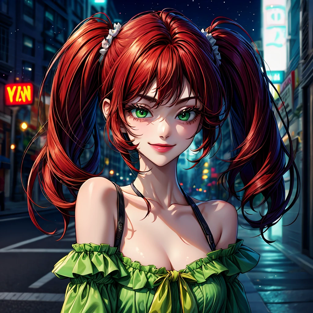 1 woman of 30 years old, {{{long ginger hair in twin pigtails}}}, {{{pale green eyes}}}, simple plain green dress, sleeves fall off the shoulder, cleavage, small smile, in a city sidewalk with neon lights, {best quality.}, {highreaasterpiece.}, {{{medium close up.}}}, {facing viewer}