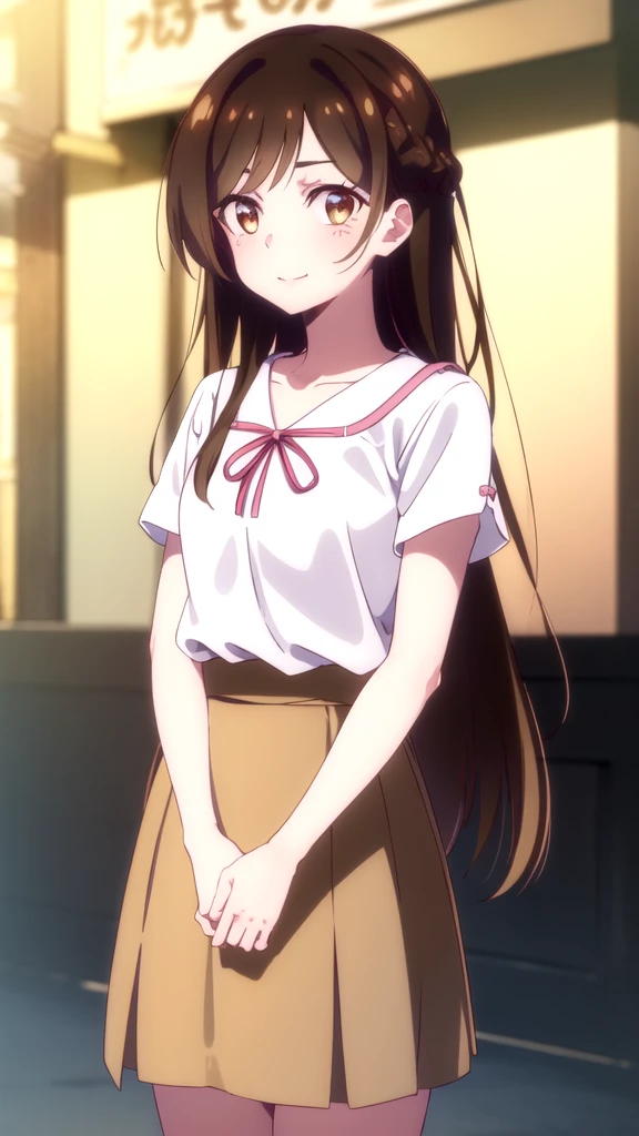 mizuharachizuru, Chizuru Ichinose, long hair, bangs, brown hair, (brown eyes:1.5), one side up, smile,
break skirt, shirt, short sleeve, plump sleeves, puffy short sleeve, white skirt, pink shirt,
break outdoors, city, cityscape, crowd, people々,
break looking at viewer, (cowboy shot:1.5),
break (masterpiece:1.2), highest quality, High resolution, unity 8k wallpaper, (figure:0.8), (detailed and beautiful eyes:1.6), highly detailed face, perfect lighting, Very detailed CG, (perfect hands, perfect anatomy),