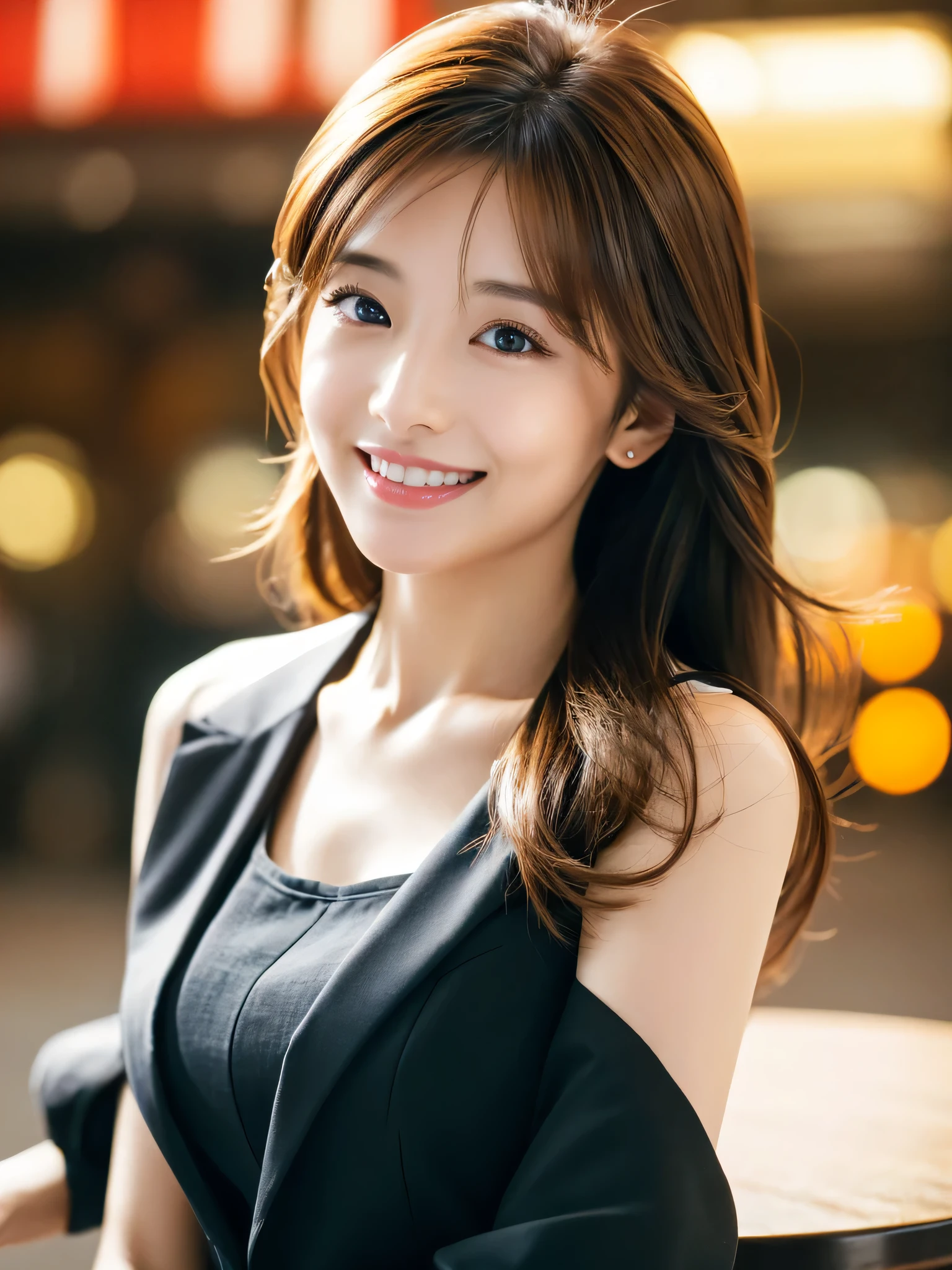 table top、highest quality、genuine、Super detailed、finely、High resolution、8k wallpaper、one beautiful woman、、、light brown disheveled hair、wearing a business suit、sharp focus、perfect dynamic composition、beautiful and detailed eyes、thin hair、Detailed genuine skin texture、smile、close-up portrait、model body shape、In Kyoto at night