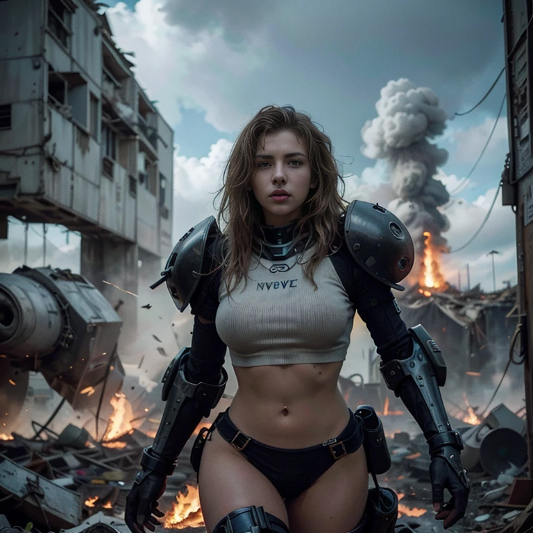 (highest quality、4K、High resolution、master piece: 1.2)、Super detailed、real: 1.37、Natural light、Portrait、surreal colors、futuristic style、Crumbling cityscape、Overgrown vegetation、Foggy atmosphere、Contrasting shadows、tattered clothes、A strong and confident gaze、Abandoned Objects、desolation、Destroyed building silhouette、vivid graffiti、Empowering pose、hair fluttering in the wind、Expressive facial features、unforgettable beauty、Dramatic sky、eerie clouds、intricate details、urban decline、post-apocalyptic setting、Ruins in nature 、Majestic Skyline、Desperate struggle、Creepy Presence、Thought of power、強化されたThought of power、intensity of emotions、Tense atmosphere、heroic attitude、intense action、Fearless Determination、Survival from all odds、Dangerous landscapes、Iconic battle、cinematic composition、epic showdown、A moment frozen in time、mysterious aura、fortitude、Women's Support、strong female protagonist、Fascinating story、Women's power、Fierce determination、Empowering Stories、Behind her is a huge(The invader's mech is on fire and about to collapse.:1.3)、antitech