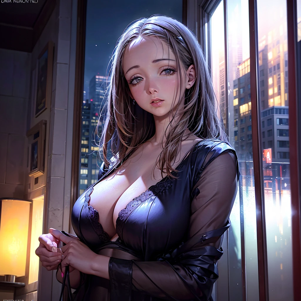 (a)best quality,4k,8k,highres,masterpiece:1.2,ultra-detailed,(realistic,photorealistic,photo-realistic:1.37),HDR,UHD,studio lighting,vivid colors,bokeh,(portraits:1.2) (a)A gorgeous woman in a white sheer night gown, beautiful detailed eyes,beautiful detailed lips,eyelashes, (medium,watercolor,sketch,illustration,drawings) rendering, (a)opens the curtains and looks out her window, (a)at a futuristic city, (a)sparkling city lights reflecting in the glass, (knit,organic) texture,smooth,flowing fabric,diaphanous, (a)garden view with lush, colorful flowers, (a)towering skyscrapers reaching for the sky, (the) feeling of anticipation,excitement in the air, (a)modern architecture and sleek design, (different) shades of blue and purple illuminating the night sky, (a)warm, soft glow from the city lights, (detailed) facial features and expressions, cityscape with flying vehicles and futuristic technology, (the) woman's hair flowing in the wind, (a)high level of detail in the surroundings, (a)sense of tranquility and elegance, (a)subtle reflection of the woman in the window, (a)sophisticated and fashion-forward atmosphere, (a)slight fog adding a mysteriously beautiful touch, (a)blurring of the city lights, (the) woman's peaceful and serene expression, (a)perfectly manicured gardens below, (a) mix of traditional elements and futuristic elements, (a) futuristic fashion style with innovative design, (a) contrast between the natural world and the urban city, (the) woman's posture exuding confidence, (a)unique and captivating composition, (a)hint of futuristic technology in the woman's surroundings, (the) woman's curiosity about the city's future, (a)calm and gentle breeze, (soft,delicate) texture of the night gown, (the) woman's appreciation for the beauty around her.
