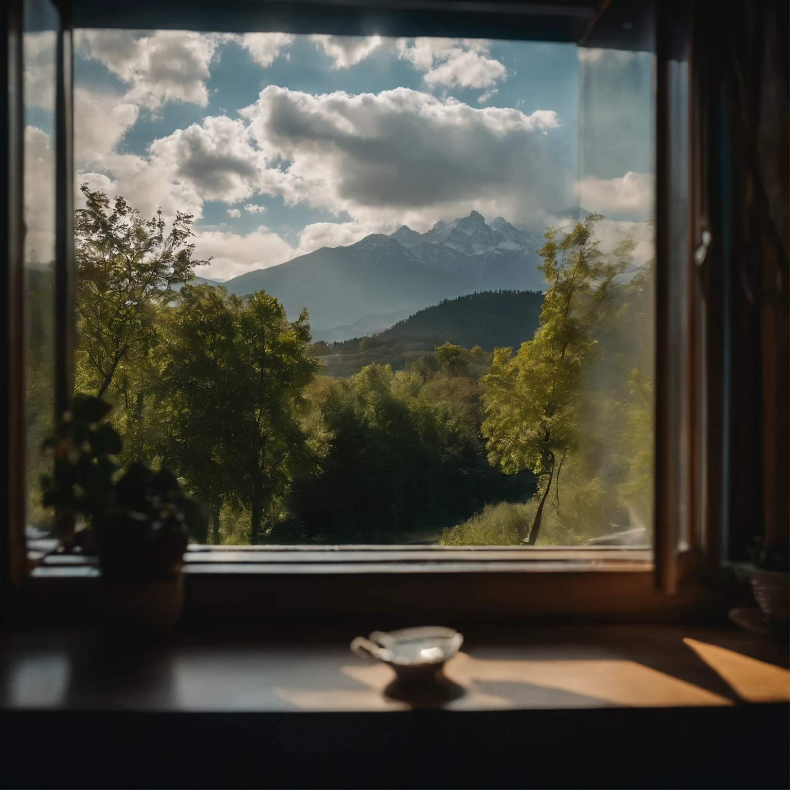 The scenery outside the window,Sunlight floods into the room through the windows,The trees outside the window are swaying,The mountains in the distance are rolling,The blue sky and white clouds complement each other,Quiet and beautiful。